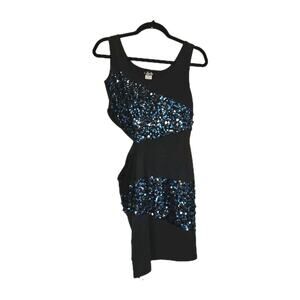 Vtg Y2K 90s Deb Mini Dress Size L Side Cutout Blue Black Sequin Party Club HOCO